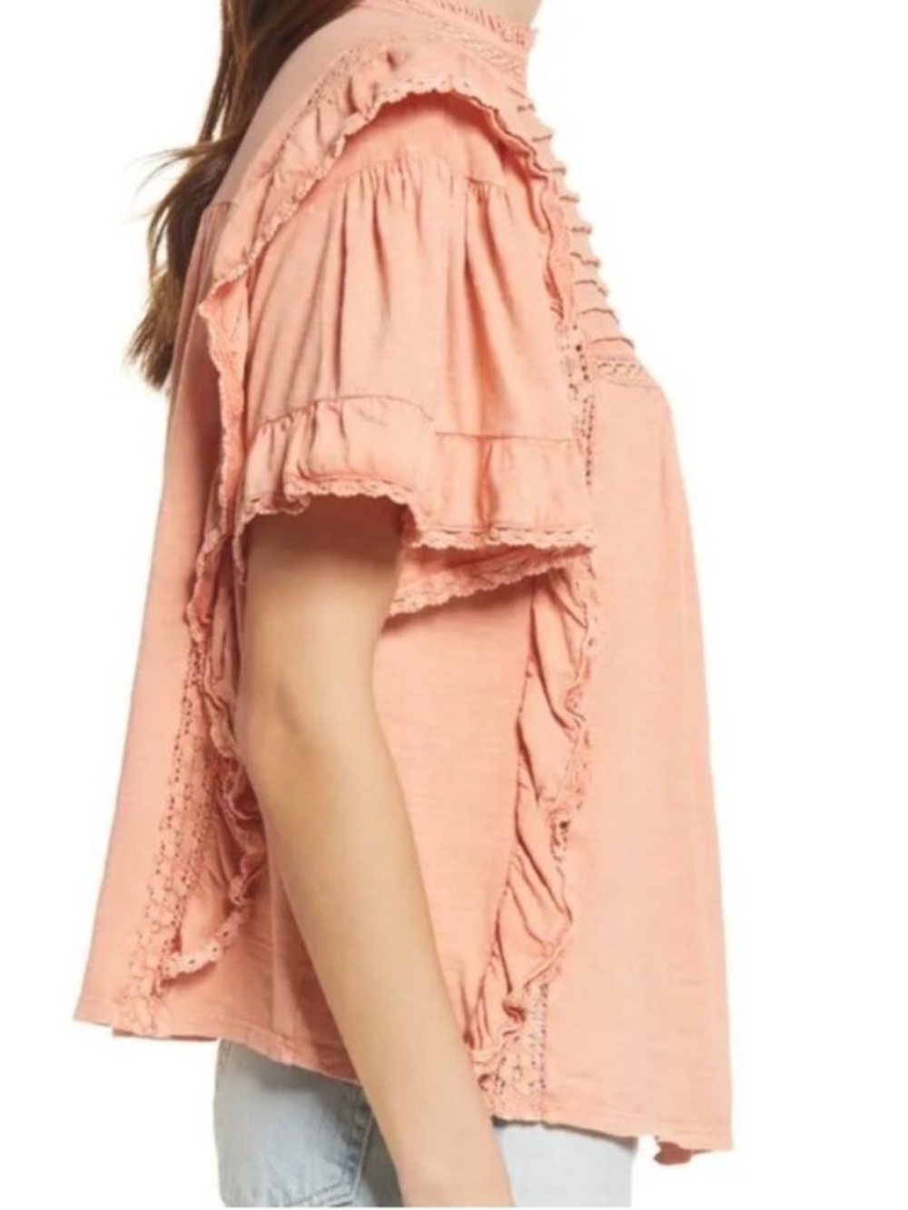Free People Le Femme Lace Ruffle Pintuck Top Peach Pink Size Small - Picture 5 of 10